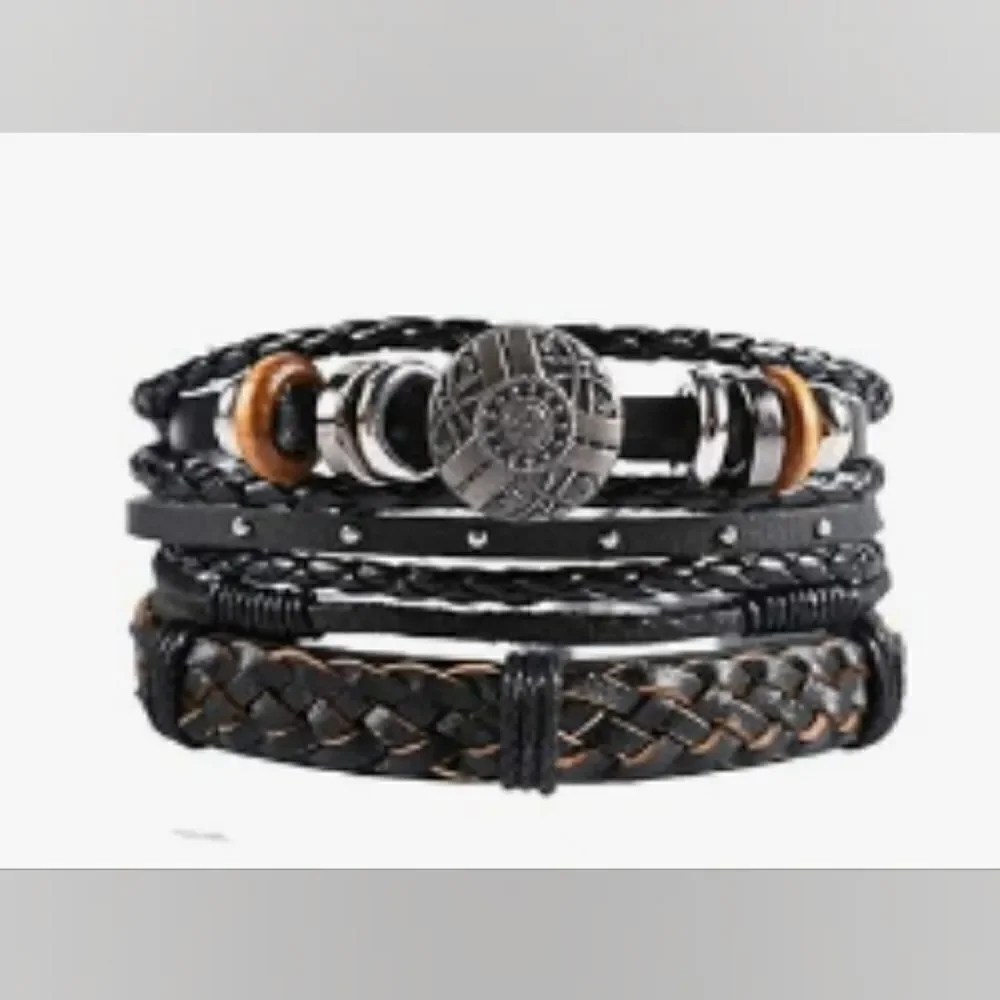 Men's leather bracelets set layered braided black‎ new e34